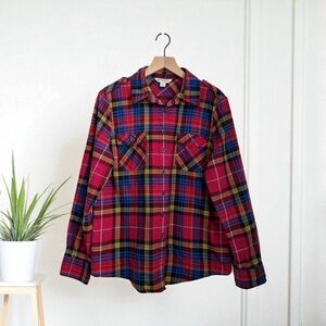 Brooks Brothers Woman’s Red Blue Plaid Flannel Pockets Button Top Size 12